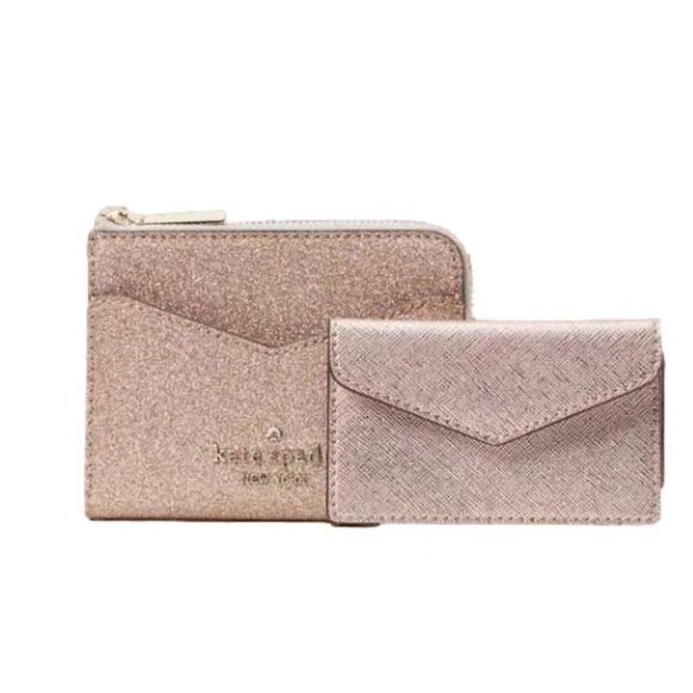 Kate Spade Tinsel Glitter Small Card Holder 2 Piece Set Rose Gold NWT Sparkle